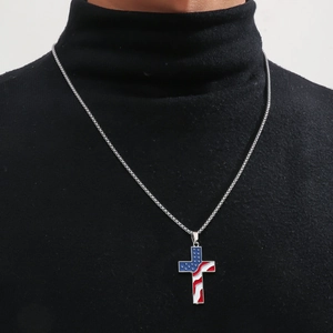 Men's hip hop silver necklace featuring a USA flag enamel cross pendant with a metal chain