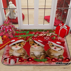 Detailed view of the Christmas cat door mat in a festive porch setting with snowmen