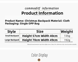 Detailed size chart for Christmas canvas drawstring gift bags with Santa Claus prints