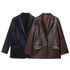 Women Faux Leather Blazer Jacket PU Single Breasted Lapel Solid Color Chic Long Sleeve Casual Office Outwear Coat