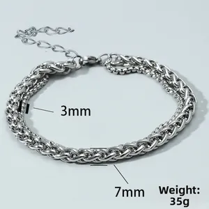 Detailed view of dual-layer stainless steel chain bracelet with 3mm and 7mm link widths
