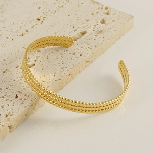 French vintage 18K gold plated stainless steel wheat pattern cuff bracelet for women