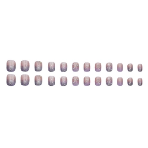 Pink and lilac gradient press-on nails with silver glitter and 3D floral accents