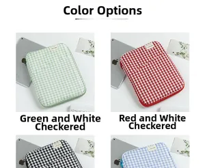 Detail showing checkered laptop sleeve colors with zipper and Happy Life woven label