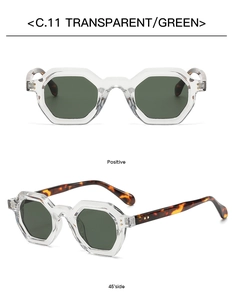 Close-up of polygon frame sunglasses with transparent rims and green lenses C.11