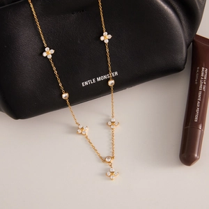 Elegant 18k gold plated stainless steel four-leaf clover necklace with sparkling zircons