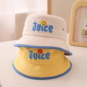 Kinder Fischerhüte aus Baumwolle mit Juice-Stickerei und Smiley in Beige und Gelb