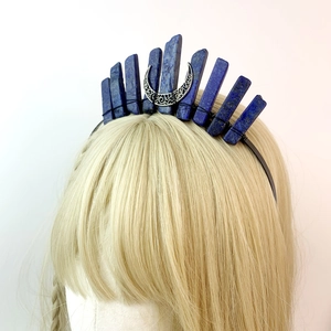 Detail of blue crystal crown headband with silver crescent moon on a blonde mannequin