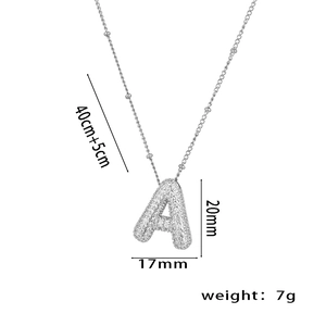 Silver micro-paved zircon letter A pendant necklace with size and weight dimensions
