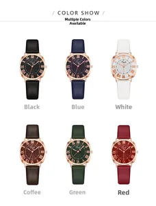 Présentation de six montres en cuir avec cadrans à chiffres romains en divers coloris