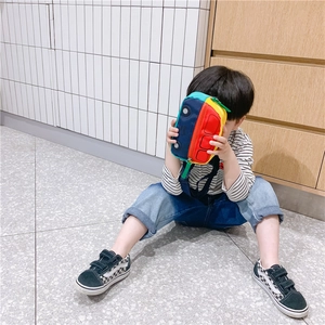 Cute car-shaped crossbody bag for kids with colorful patchwork and adjustable strap