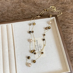Vintage tiger eye and pearl beaded necklace with gold chain and OT toggle clasp