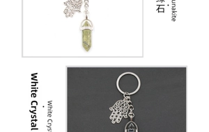 Detailed view of Hamsa Hand keychain with hexagonal unakite and white crystal prisms