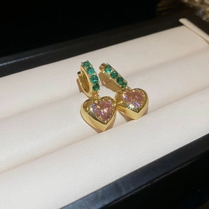 French vintage heart hoop earrings with pink zircons and green accents in gold plating
