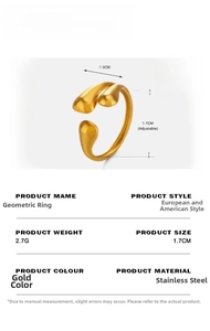 Detailed view of adjustable golden teardrop ring with 2.7g weight and size parameters