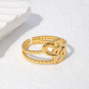 18K gold-plated stainless steel open heart ring with double-layered twist texture design
