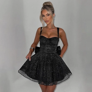 Sparkly black sleeveless A-line mini dress with heart neckline and back bow detail