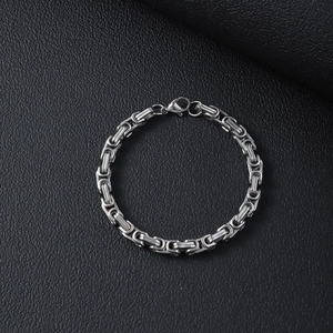 Byzantine style stainless steel link bracelet in silver finish with lobster clasp closure