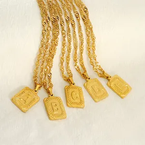 Stainless Steel Initial Letter Necklace With Square Pendant And Gold Plated Rope Chain Minimalist Fashion Jewelry For Women