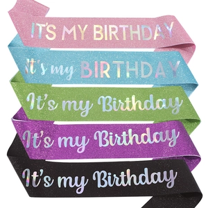 Set of five glitter birthday sashes in various colors with holographic lettering
