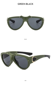 Detailed front and side views of green-black oversized outdoor sports sunglasses