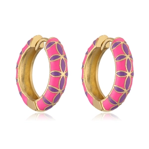Colorful floral clover hoop earrings in gold with pink and purple enamel petals