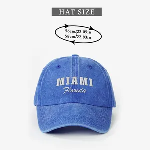 Size chart showing 56-58cm head circumference for the Miami Florida washed baseball cap