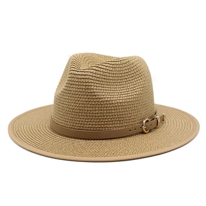 Classic khaki straw Panama hat with dark brown leather band and gold buckle on white background