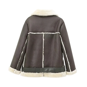 Back view of brown faux leather jacket featuring thick off-white shearling lining