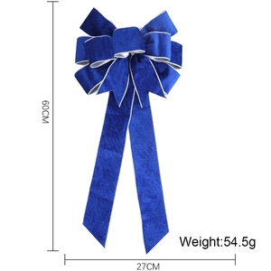 Velvet 60CM blue Christmas bow with silver trim for holiday tree decoration