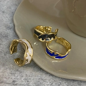 Vintage enamel drip glaze adjustable gold-plated rings in white black and blue