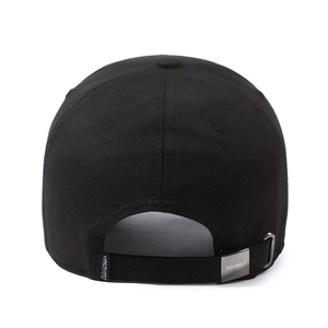 Black cotton baseball cap featuring an adjustable metal buckle with brand logo on back