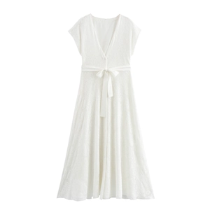 Damen Weißes Spitze Maxikleid V-Ausschnitt Kurzarm Elegant Französischer Stil Schnürung Jacquard A-Linie