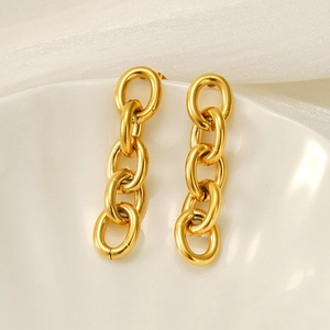 Elegant 18k gold plated stainless steel long Cuban link drop earrings for women