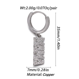 Detail of silver MAMA earrings with cubic zirconia and exact size specifications