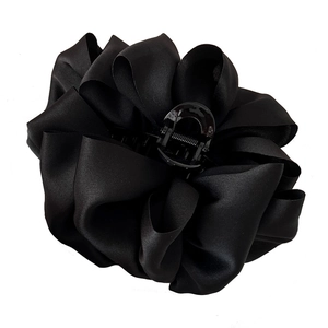 Elegant black satin fabric flower hair claw clip with a glossy finish for women