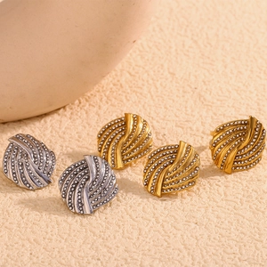 Stainless Steel 18K Gold Plated Spiral Vortex Ring And Rhinestone Stud Earrings Geometric Textured Elegant Jewelry Women