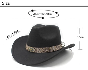 Detail view of black felt cowboy hat with bull head emblem and size specifications