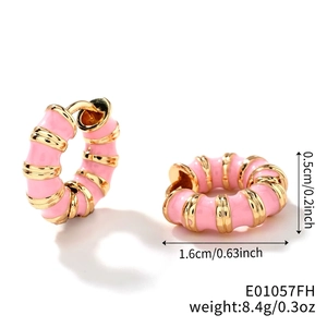 Detail of pink enamel and gold-striped hoop earrings with dimensions and weight