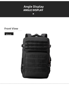 Front view of black tactical backpack featuring Molle webbing and large storage pockets