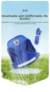Close-up of blue mesh pet harness with reflective safety strips and paw patch