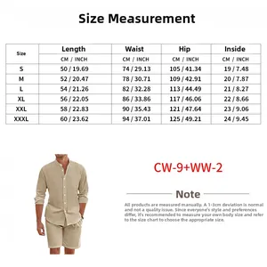 Detailed size chart for men's linen shorts showing length, waist, and hip measurements