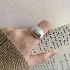 925 Sterling Silver Ring Frosted Matte Dome Minimalist Adjustable Open Wide Band Geometric Jewelry For Women