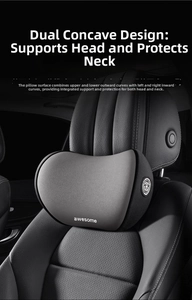 Close-up of gray fabric car neck pillow with awesome text on a black leather seat