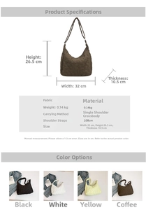 Detailed size chart and dimensions of the lightweight quilted crescent crossbody bag