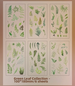 Detail showing 6 sheets of green leaf and fern stickers measuring 100x180mm for DIY crafts