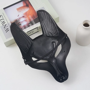 Detail view of Anubis mask with elastic strap on white background and books
