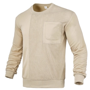 Men Sweatshirt Round Neck Pullover Long Sleeve Patchwork Ribbed Texture Solid Color Chest Pocket Polyester Spandex