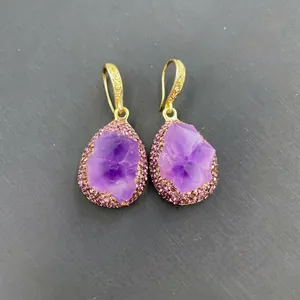 Handcrafted natural amethyst flower earrings with gold vintage embossed hooks for women