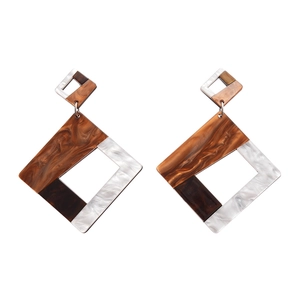 Exaggerated geometric acrylic square drop earrings with tortoiseshell marble texture